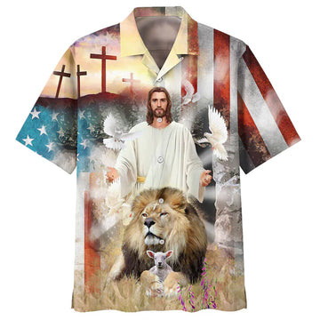 UniJames Jesus Lion And The Lamb Cross Hawaiian Shirts - Christian Hawaiian Shirt - Hawaiian Shirts For Men