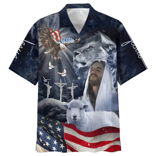 UniJames Jesus Lion And The Lamb Eagle Hawaiian Shirts - Christian Hawaiian Shirt - Hawaiian Shirts For Men