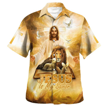 UniJames Jesus Lion And The Lamb Hawaiian Shirt For Men - Jesus Is My Savior Hawaiian Shirts - Christian Hawaiian Shirt