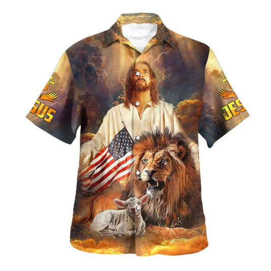 UniJames Jesus Lion And The Lamb Hawaiian Shirts For Men - Christian Hawaiian Shirt - Hawaiian Summer Shirts