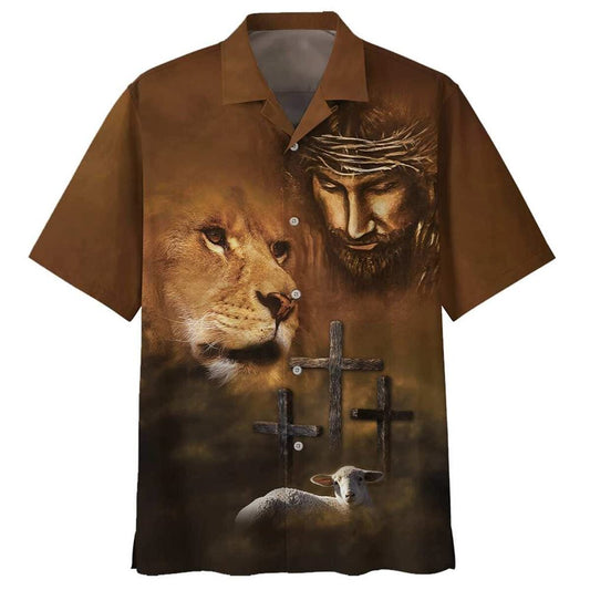 Unique Jesus Lion And The Lamb Three Cross Hawaiian Shirt