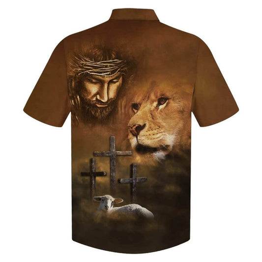 Unique Jesus Lion And The Lamb Three Cross Hawaiian Shirt