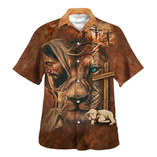 UniJames Jesus Lion Cross And The Lamb Hawaiian Shirts For Men - Christian Hawaiian Shirt - Hawaiian Summer Shirts