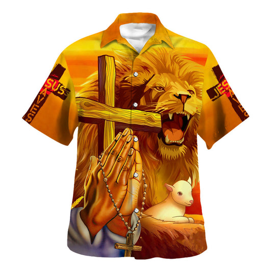 UniJames Jesus Lion Cross Faith Over Fear Hawaiian Shirt - Christian Hawaiian Shirt - Religious Hawaiian Shirts