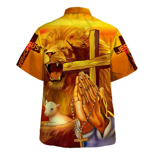 UniJames Jesus Lion Cross Faith Over Fear Hawaiian Shirt - Christian Hawaiian Shirt - Religious Hawaiian Shirts