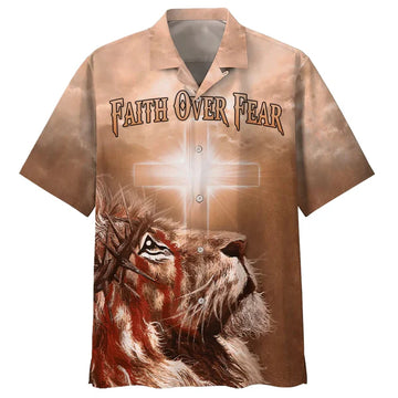 UniJames Jesus Lion Cross Flag Faith Over Fear Hawaiian Shirt - Best Hawaiian Shirts - Christian Hawaiian Shirt