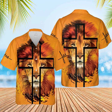 UniJames Jesus Lion Cross Portrait Hawaiian Shirt - Christian Hawaiian Shirts For Women Men