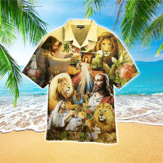 UniJames Jesus Lion Goat Beautiful Flowers Hawaiian Shirt - Christian Hawaiian Shirts For Men & Women