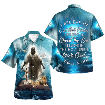 UniJames Jesus Lion Lamb I Believe In God Our Father Hawaiian Shirt - Christian Hawaiian Shirt - Religious Hawaiian Shirts