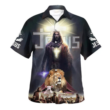 UniJames Jesus Lion Lamb With Disciples Hawaiian Shirts For Men - Christian Hawaiian Shirt - Hawaiian Summer Shirts