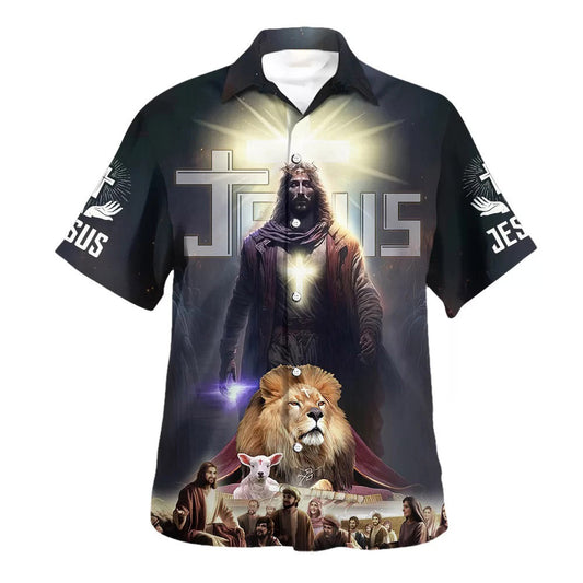 UniJames Jesus Lion Lamb With Disciples Hawaiian Shirts For Men - Christian Hawaiian Shirt - Hawaiian Summer Shirts