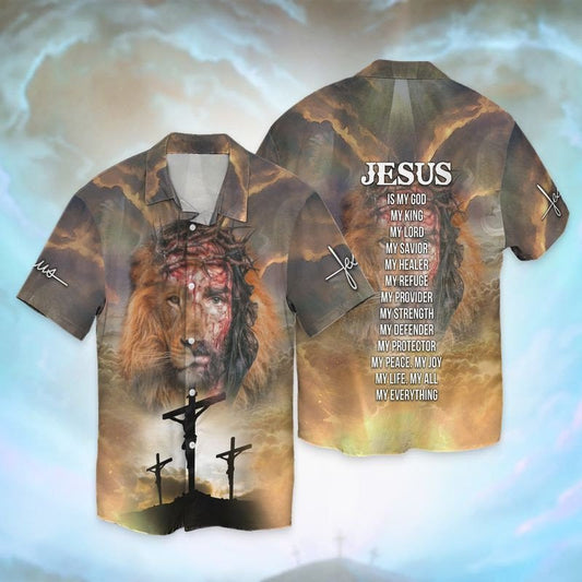 UniJames Jesus Lion My Everything Jesus Is My God My King My Lord My Savior My Healer My Refuge Hawaiian Shirt - Christian Hawaiian Shirts For Men & Women