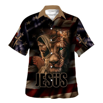 UniJames Jesus Lion Of Judah American Flag Hawaiian Shirts For Men - Christian Hawaiian Shirt - Hawaiian Summer Shirts