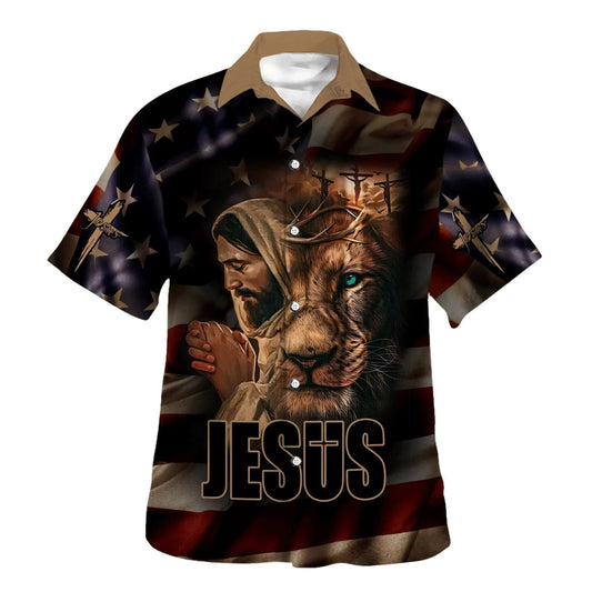 UniJames Jesus Lion Of Judah American Flag Hawaiian Shirts For Men - Christian Hawaiian Shirt - Hawaiian Summer Shirts