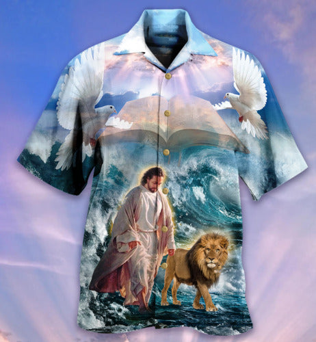 UniJames Jesus Lion Walk On The Water Hawaiian Shirt - Christian Jesus Lion Faith Over Fear Hawaiian Shirt For Men & Women