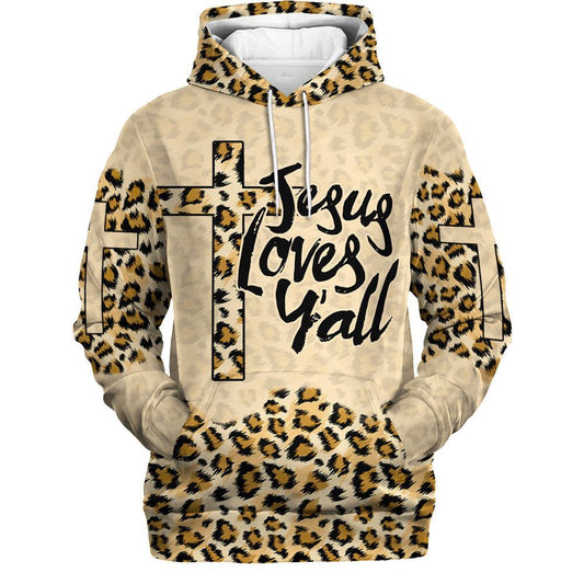 Uni Jesus Loves Y'all Cross Leopard Skin Pattern 3D Hoodie