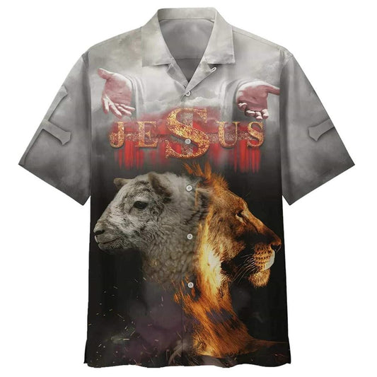 Unique Jesus Open Hand Lion And The Sheep Hawaiian Shirt
