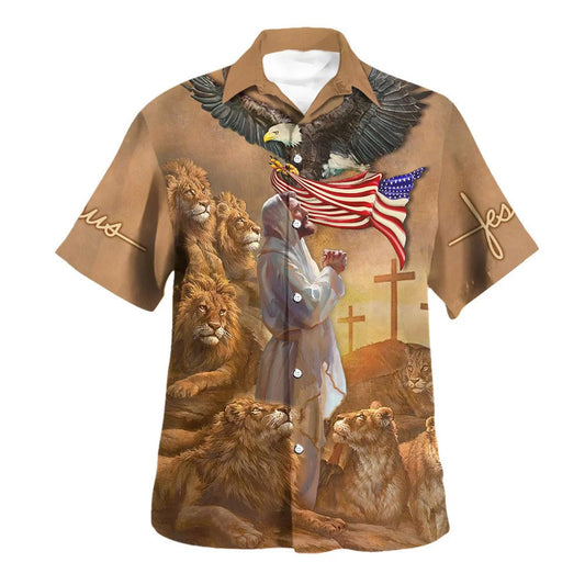 UniJames Jesus Pray Lion Cross Hawaiian Shirts For Men - Christian Hawaiian Shirt - Hawaiian Summer Shirts