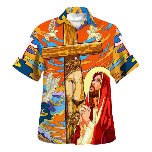 UniJames Jesus Prayer Lion Cross Hawaiian Shirts For Men - Christian Hawaiian Shirt - Hawaiian Summer Shirts