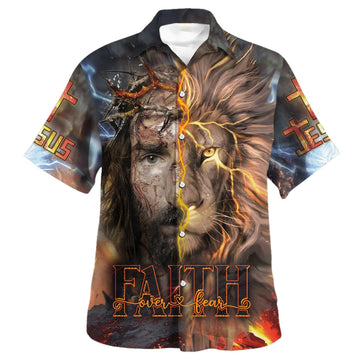 UniJames Jesus Praying Lion Christian Cross Faith Hawaiian Shirt - Christian Hawaiian Shirt - Religious Hawaiian Shirts