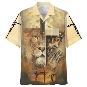UniJames Jesus Praying Lion Of Judah Christian Cross Faith Hawaiian Shirt - Best Hawaiian Shirts - Christian Hawaiian Shirt