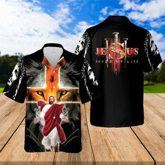 UniJames Jesus Saved My Life Lion Cross Hawaiian Shirts - Religious Hawaiian Shirts - Hawaiian Christian For Men Women