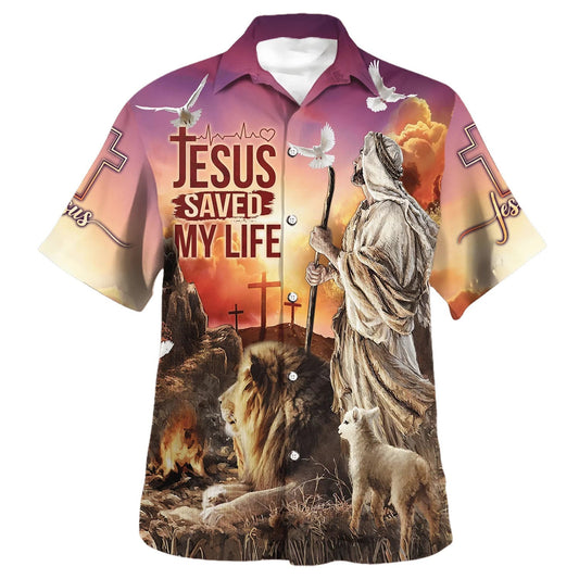 UniJames Jesus Saved My Life With The Lamb And Lion Hawaiian Shirt - Christian Hawaiian Shirt - Religious Hawaiian Shirts