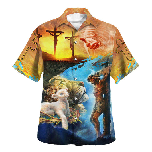 UniJames Jesus Saves Lion And Lamb Hawaiian Shirts For Men - Christian Hawaiian Shirt - Hawaiian Summer Shirts