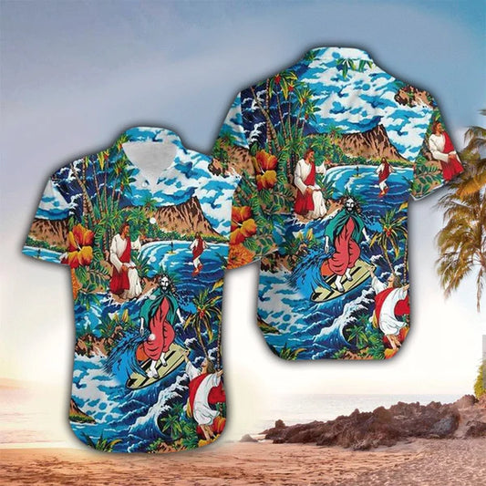 UniJames Jesus Surfing On Island Hawaiian Shirt - Christian Hawaiian Shirt for Men Women