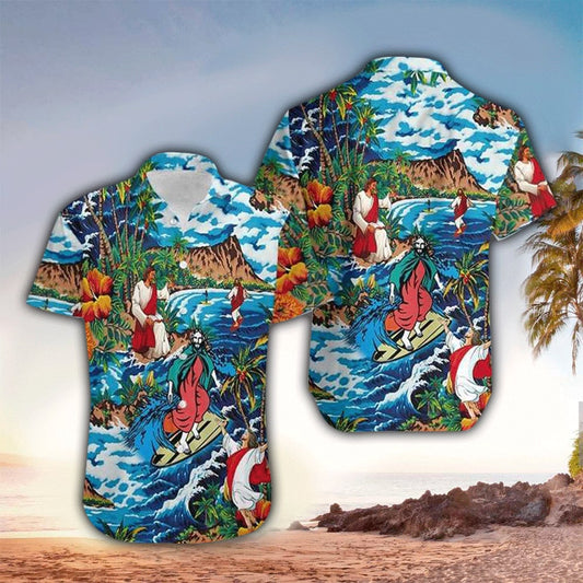 UniJames Jesus Surfing On Island Hawaiian Shirt - Christian Hawaiian Shirts For Men & Women