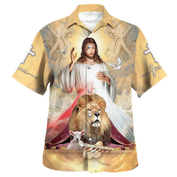 UniJames Jesus The Lion And The Lamb Hawaiian Shirts For Men - Christian Hawaiian Shirt - Hawaiian Summer Shirts
