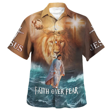UniJames Jesus Walk On Water Faith Over Fear Hawaiian Shirts For Men & Women - Christian Hawaiian Shirt - Hawaiian Summer Shirts