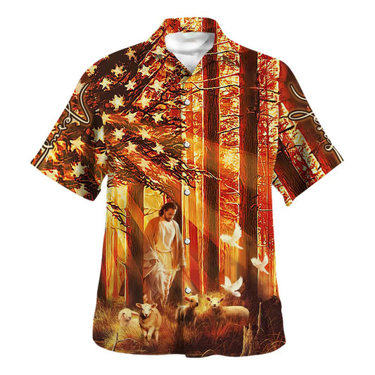 UniJames Jesus Walking In The Forest With The Sheep Hawaiian Shirt - Christian Hawaiian Shirt - Religious Hawaiian Shirts