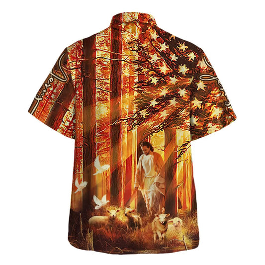 UniJames Jesus Walking In The Forest With The Sheep Hawaiian Shirt - Christian Hawaiian Shirt - Religious Hawaiian Shirts