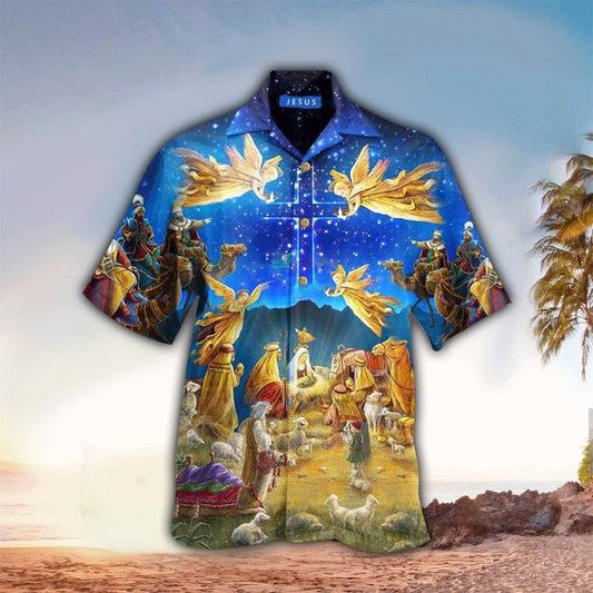 UniJames Jesus Was Born Holy Night Angel Hawaiian Shirt - Christian Hawaiian Shirts For Men & Women