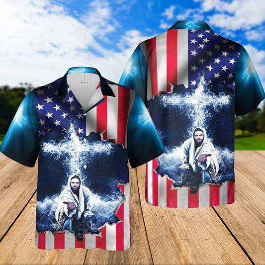 UniJames Jeusus Take My Hand American Flag Cross Hawaiian Shirt - Christian Hawaiian Shirts For Women Men