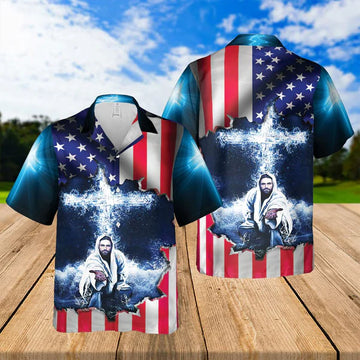 UniJames Jeusus Take My Hand American Flag Cross Hawaiian Shirts - Religious Hawaiian Shirts - Hawaiian Christian For Men Women