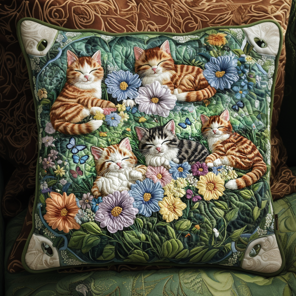 Kittens and Flowers Quilted Pillow Case NCU0NT6545