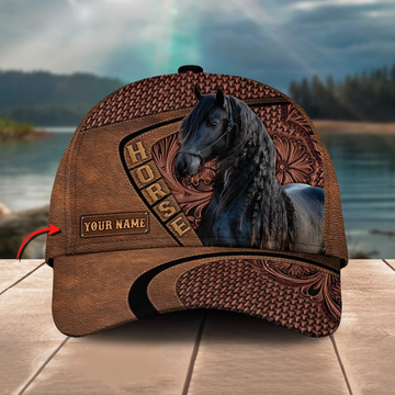 Uni Friesian Horse Carving Leather Pattern Personalized Name Cap