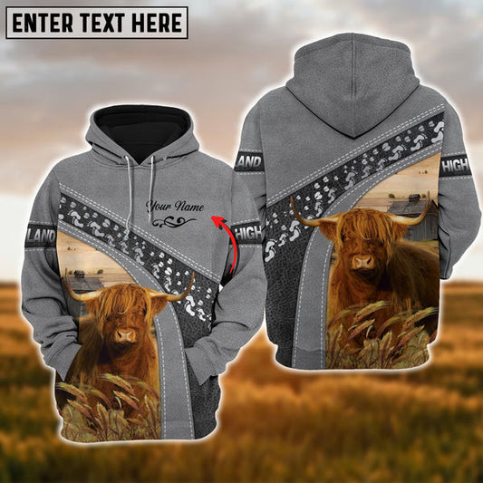 Uni Personalized Name Highland Cattle Grey Pattern 3D Printed Hoodie