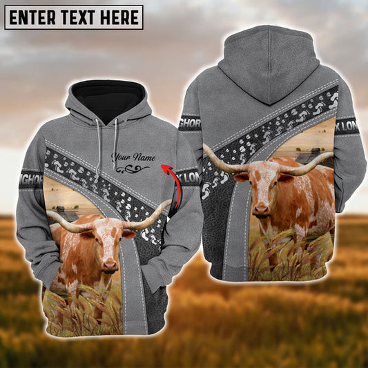 Uni Personalized Name Texas Longhorn Cattle Grey Pattern 3D Printed Hoodie