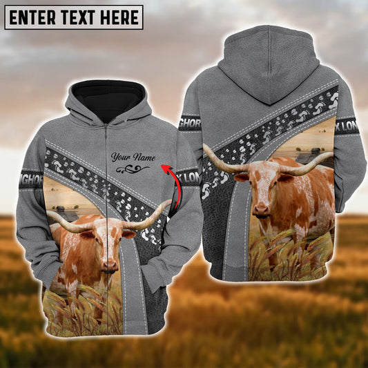 Uni Personalized Name Texas Longhorn Cattle Grey Pattern 3D Printed Hoodie