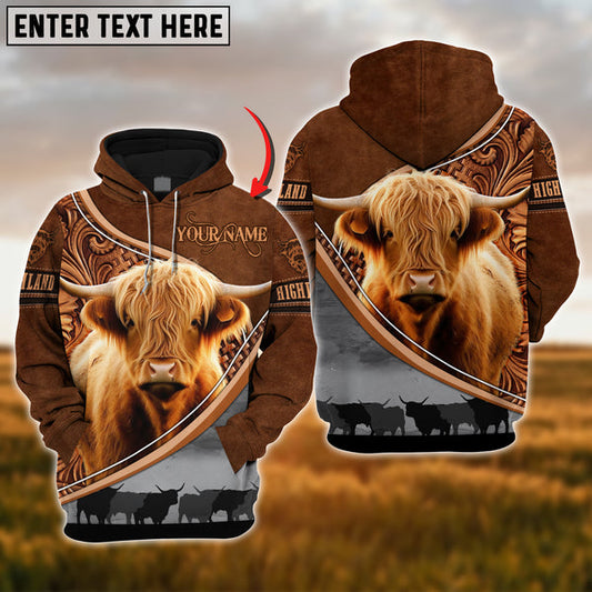 Uni Custom Name Highland Cattle Carving Leather Pattern 3D Hoodie