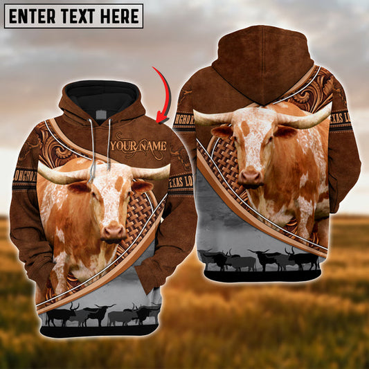 Uni Custom Name Texas Longhorn Cattle Carving Leather Pattern 3D Hoodie