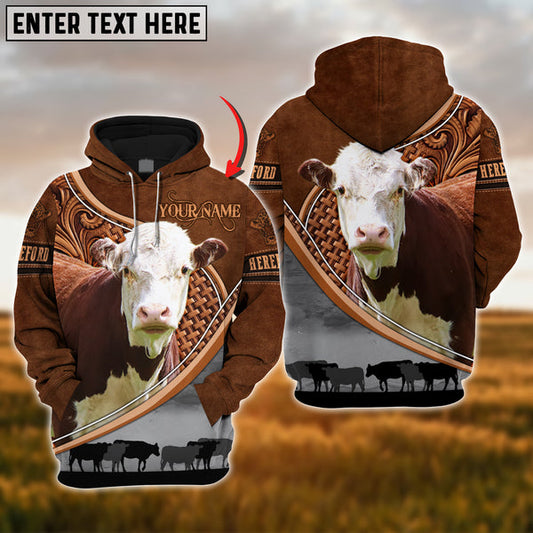 Uni Custom Name Hereford Cattle Carving Leather Pattern 3D Hoodie