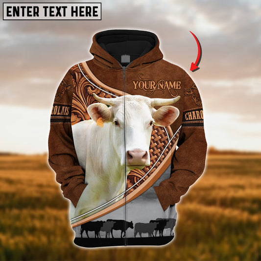 Uni Custom Name Charolais Cattle Carving Leather Pattern 3D Hoodie