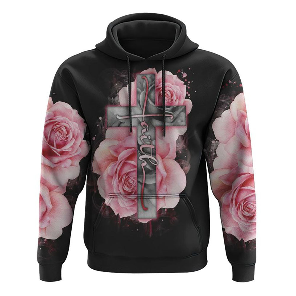 Light Pink Cross Roses Smoke All Over Print 3D Hoodie, Christian Hoodie