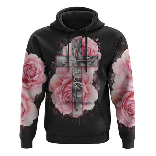 Light Pink Cross Roses Smoke All Over Print 3D Hoodie, Christian Hoodie