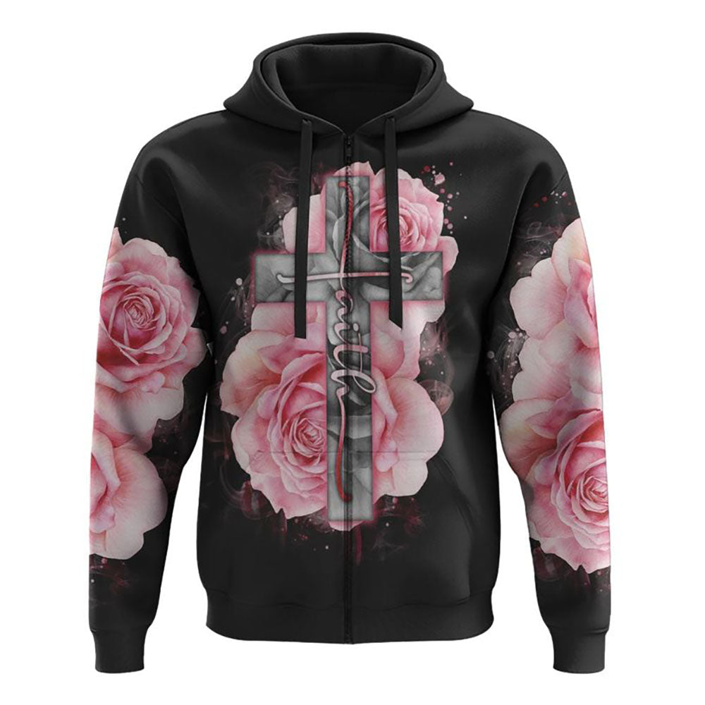 Light Pink Cross Roses Smoke All Over Print 3D Hoodie, Christian Hoodie