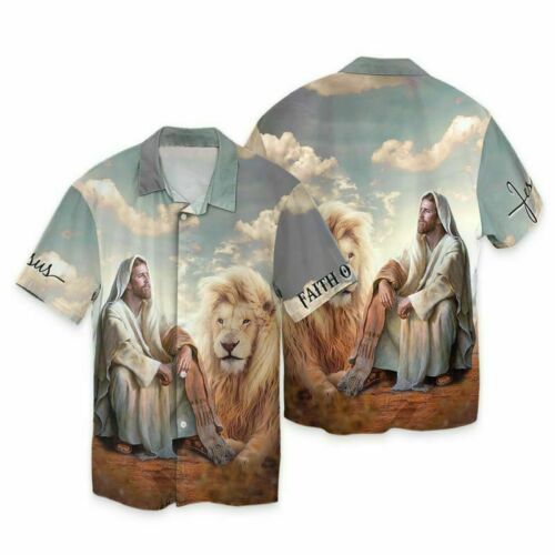 UniJames Lion And Jesus Pictures Hawaiin Shirt - Christian Hawaiin Shirt For Men & Women